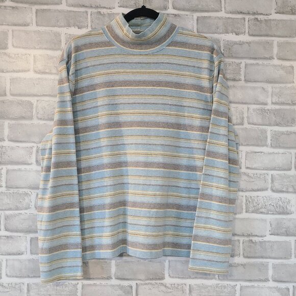 Vintage Pendleton Cotton Striped Mock Turtleneck Shirt Top Blue Gray Yellow XL - Picture 1 of 7